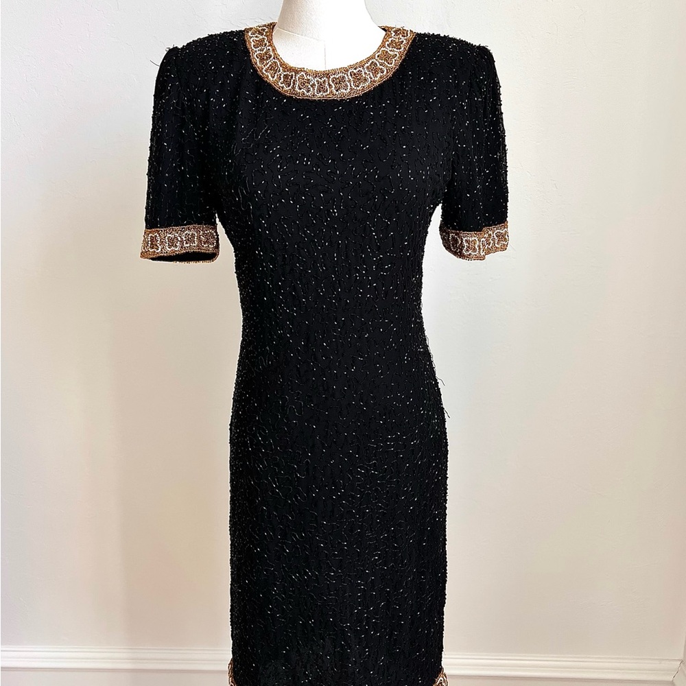 Laurence Kazar Elegant Black Midi Dress with Gold Accents